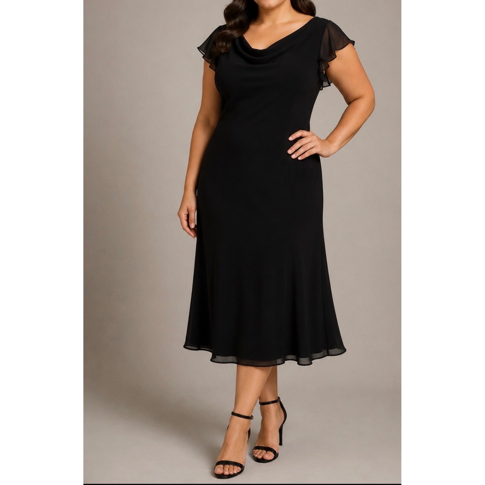 Jones New York Dress Black Silk Trim Ruffle Sleeve Midi Dress 16 Formal LBD